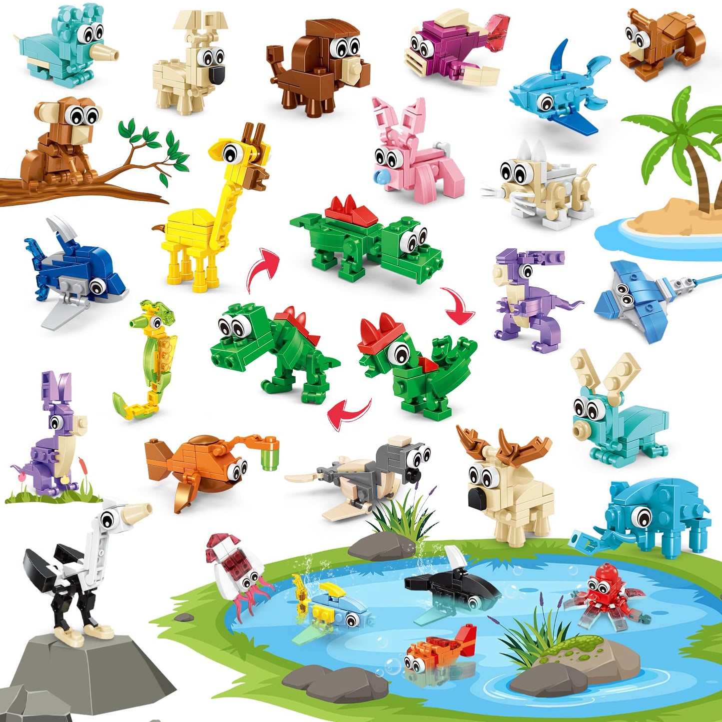 IMCUAMK 24 Pcs Animal Building Sets – 72 Figures, 3-in-1 STEM Blocks for Kids 6+