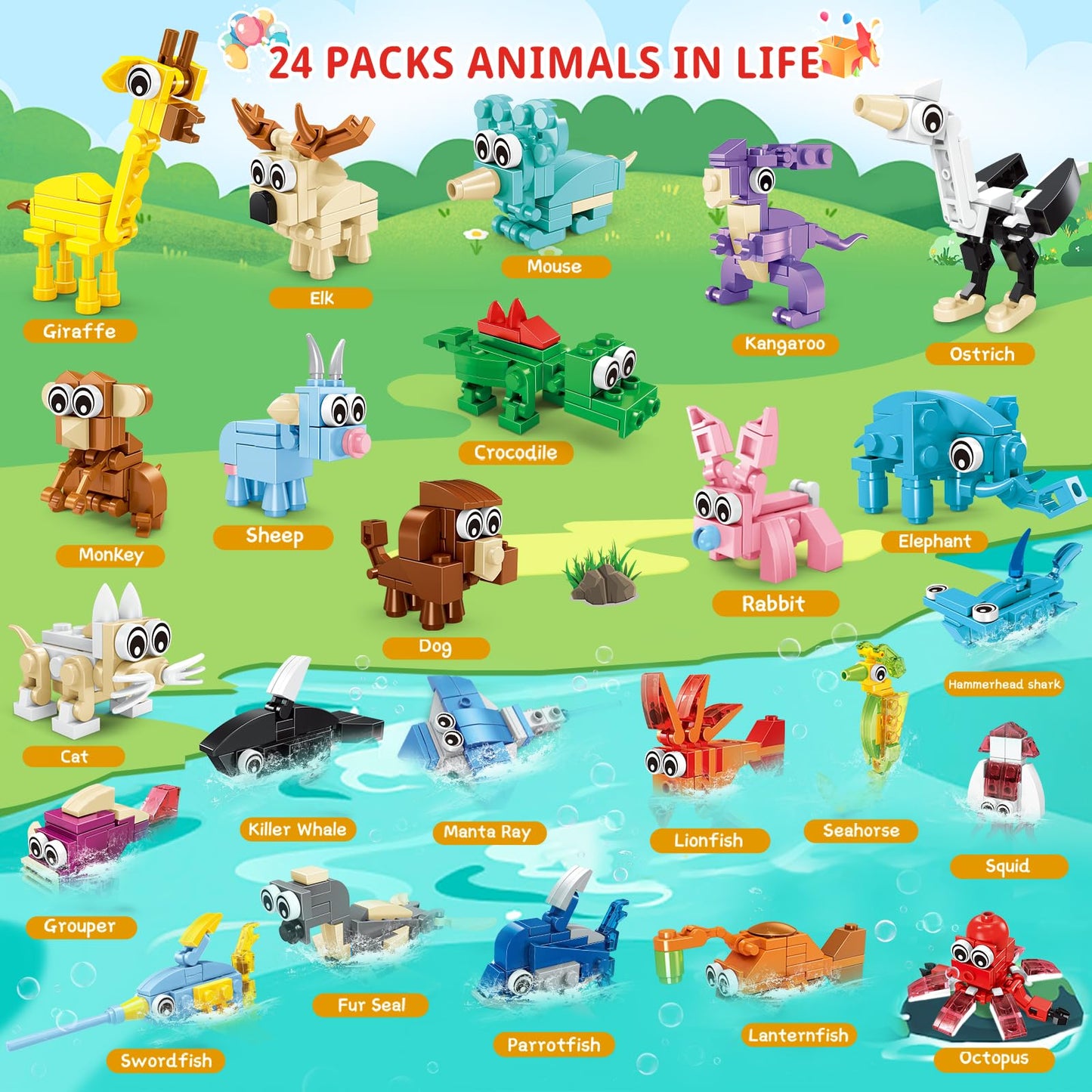 IMCUAMK 24 Pcs Animal Building Sets – 72 Figures, 3-in-1 STEM Blocks for Kids 6+