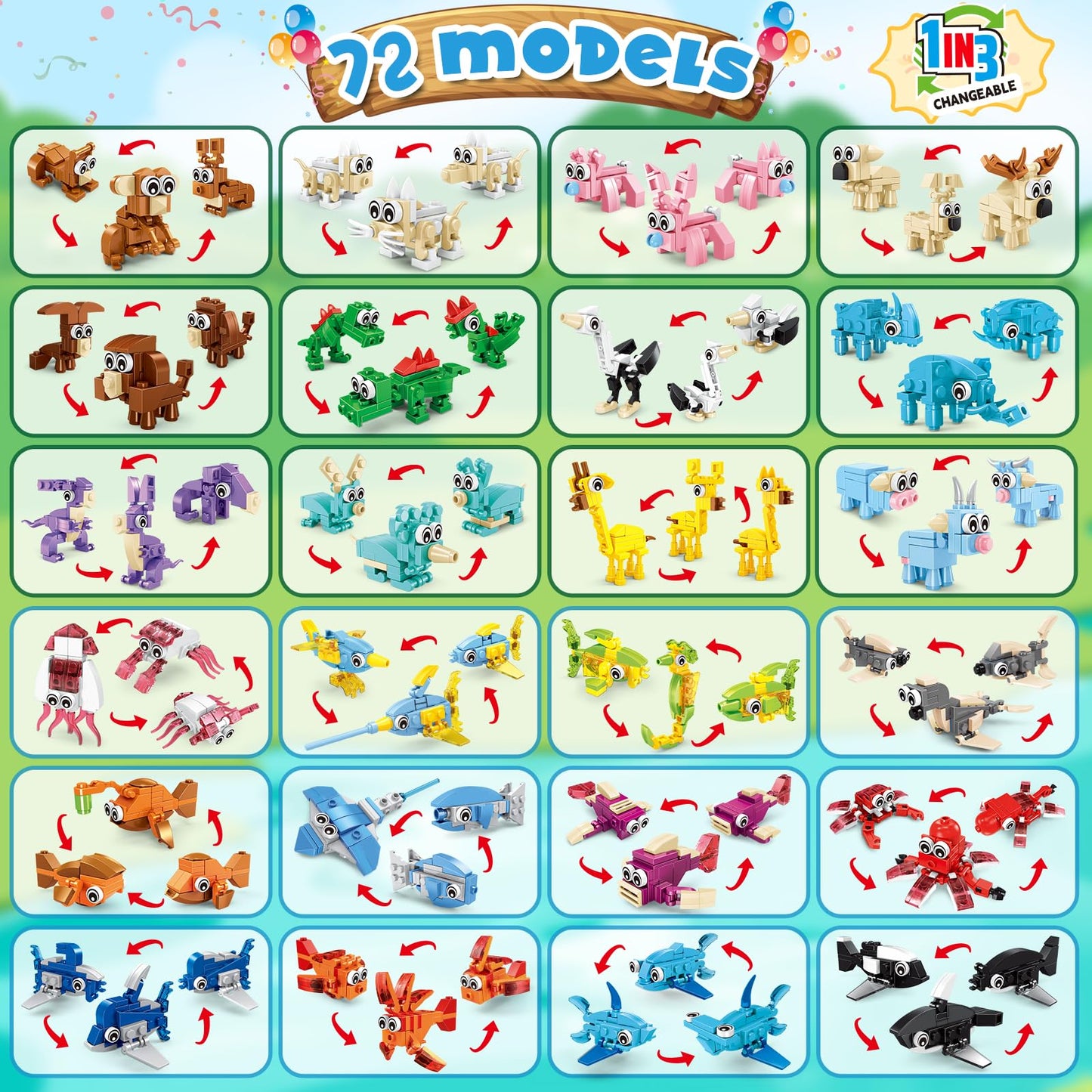 IMCUAMK 24 Pcs Animal Building Sets – 72 Figures, 3-in-1 STEM Blocks for Kids 6+