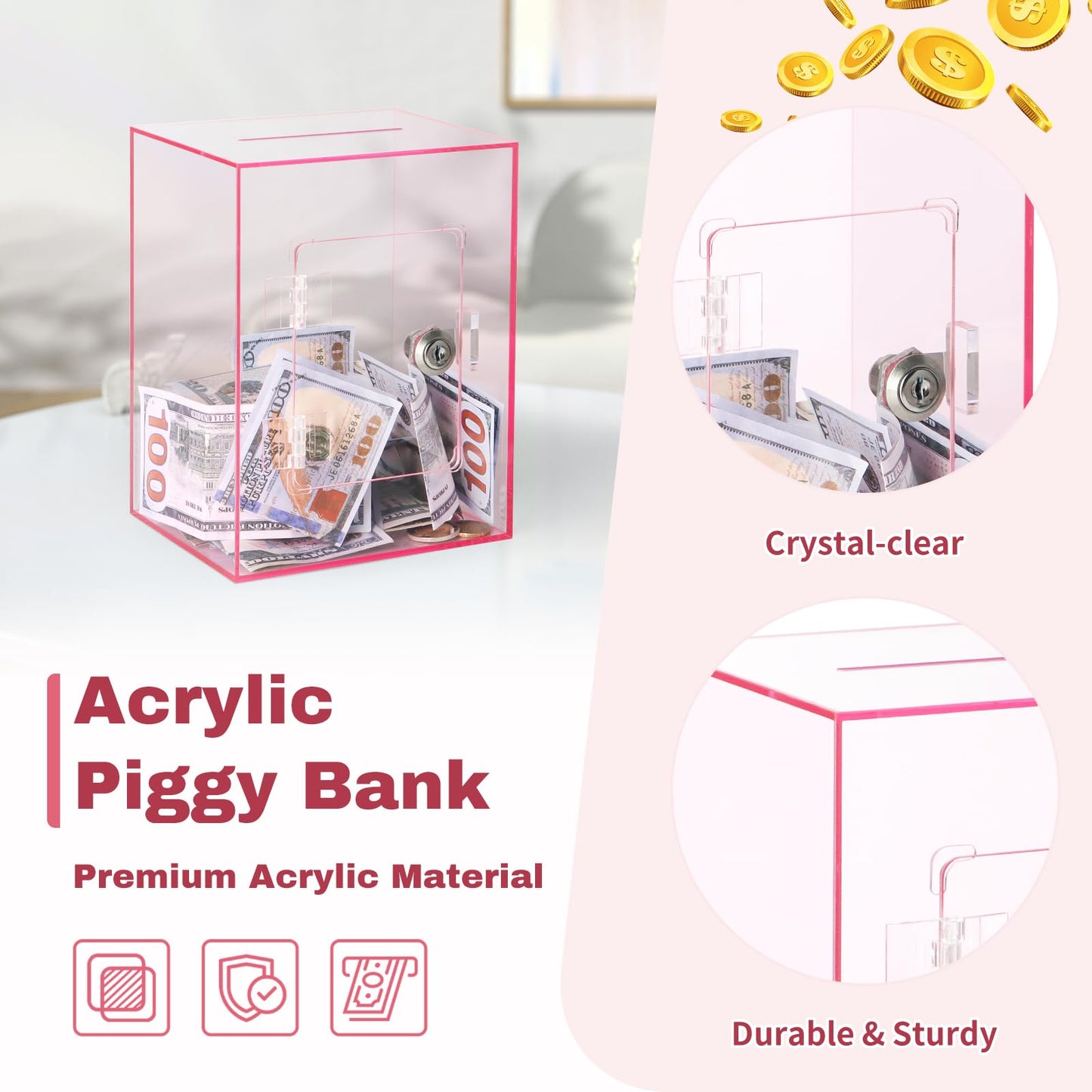 Imeepa Clear Acrylic Piggy Bank with Lock – Pink, Large Capacity