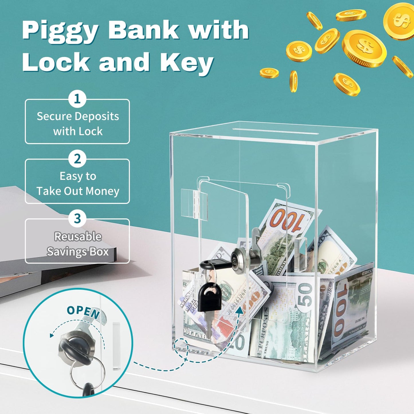 Imeepa Clear Acrylic Piggy Bank with Lock & Key – Transparent Money Saving Box for Kids & Adults