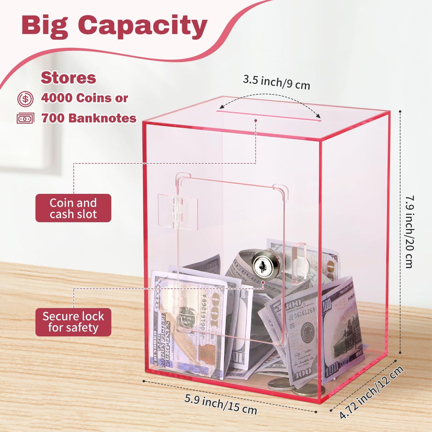 Imeepa Clear Acrylic Piggy Bank with Lock – Pink, Large Capacity