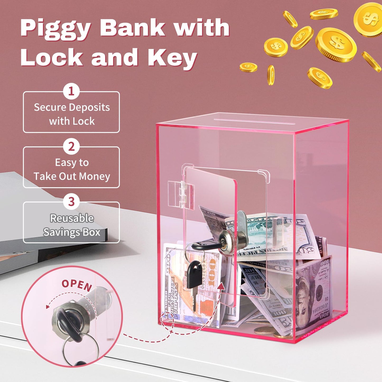 Imeepa Clear Acrylic Piggy Bank with Lock – Pink, Large Capacity