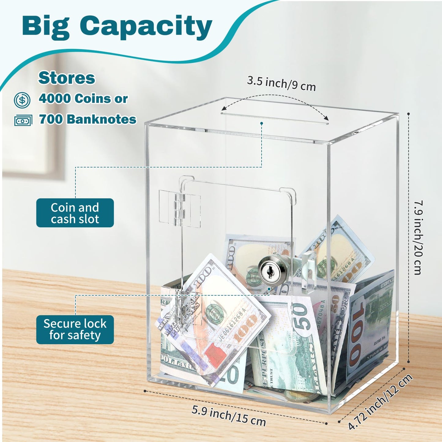Imeepa Clear Acrylic Piggy Bank with Lock & Key – Transparent Money Saving Box for Kids & Adults