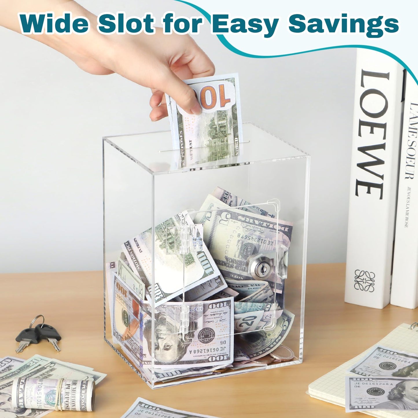 Imeepa Clear Acrylic Piggy Bank with Lock & Key – Transparent Money Saving Box for Kids & Adults