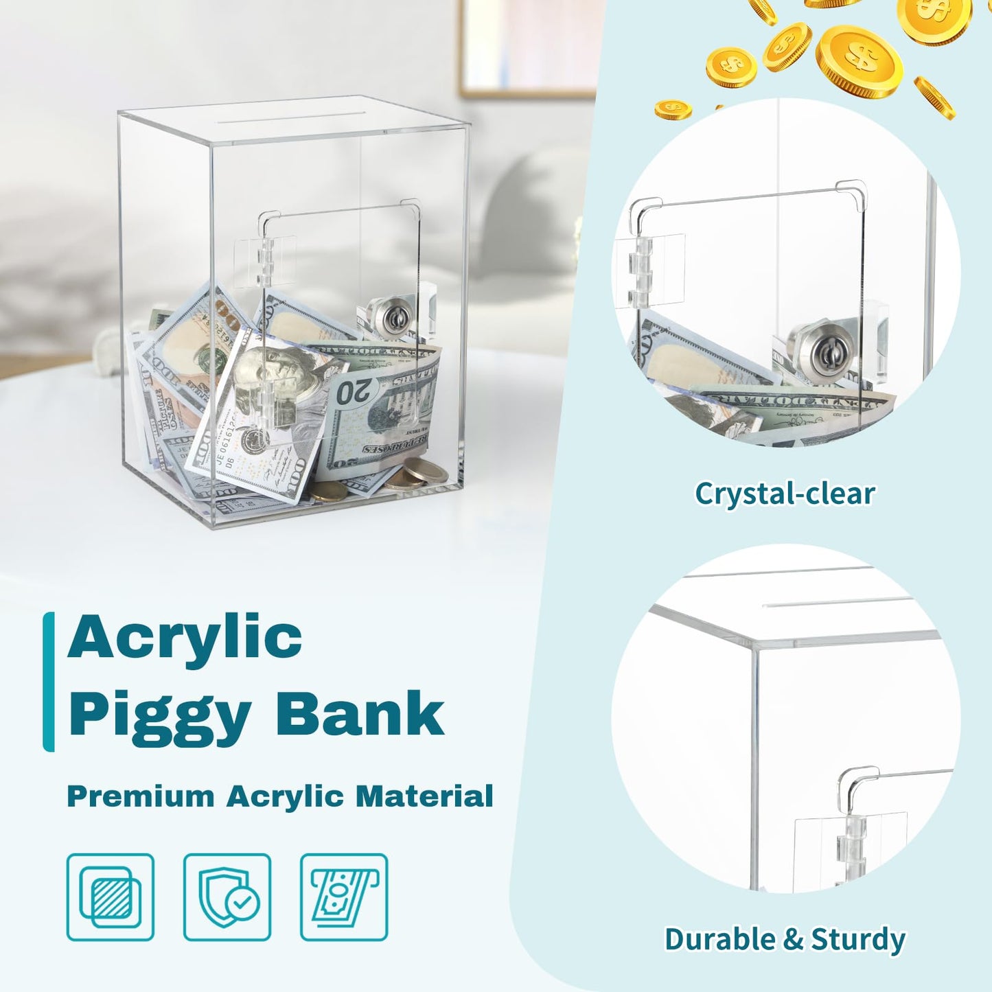 Imeepa Clear Acrylic Piggy Bank with Lock & Key – Transparent Money Saving Box for Kids & Adults