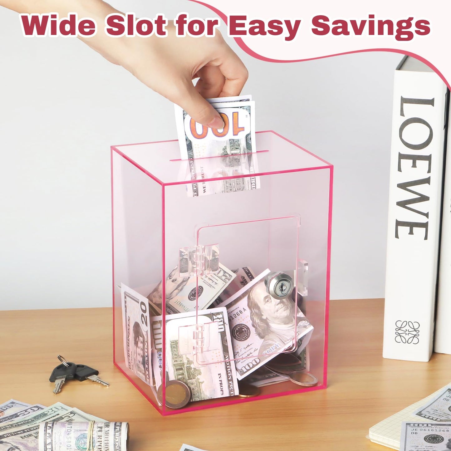 Imeepa Clear Acrylic Piggy Bank with Lock – Pink, Large Capacity