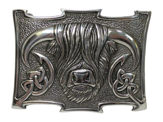 Highland Cow Celtic Knot Kilt Belt Buckle Polished Traditional Scottish Design, 9cm x 6.5cm