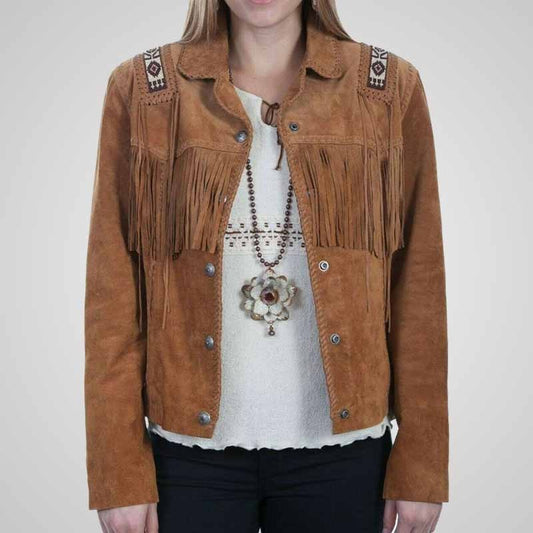 Women’s Western Suede Fringe Jacket with Beaded Detail – Brown Cowgirl Vintage Style