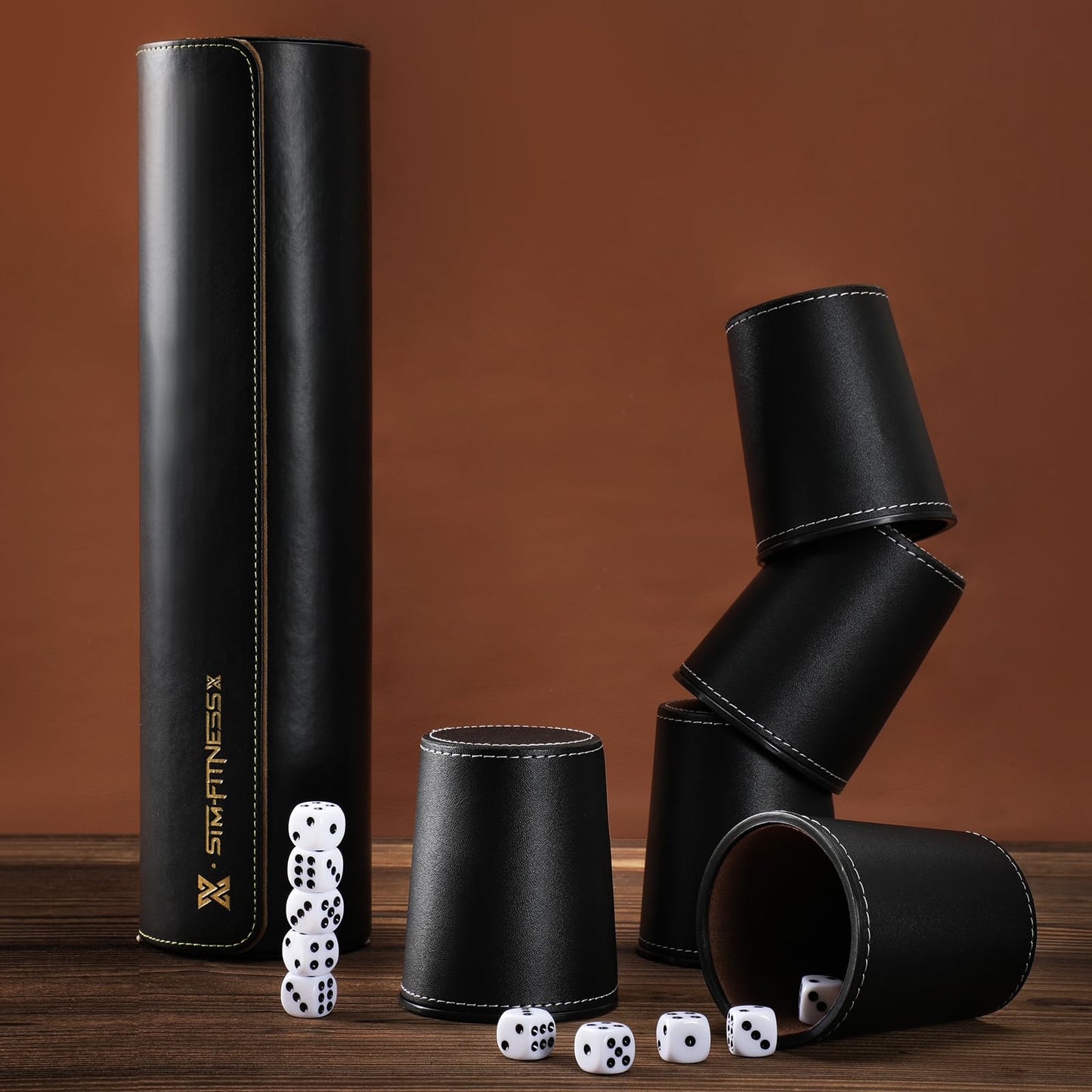 ImnBest Leather Dice Cup Set — 5 Black PU Leather Cups + 25 Dice + Faux Leather Case