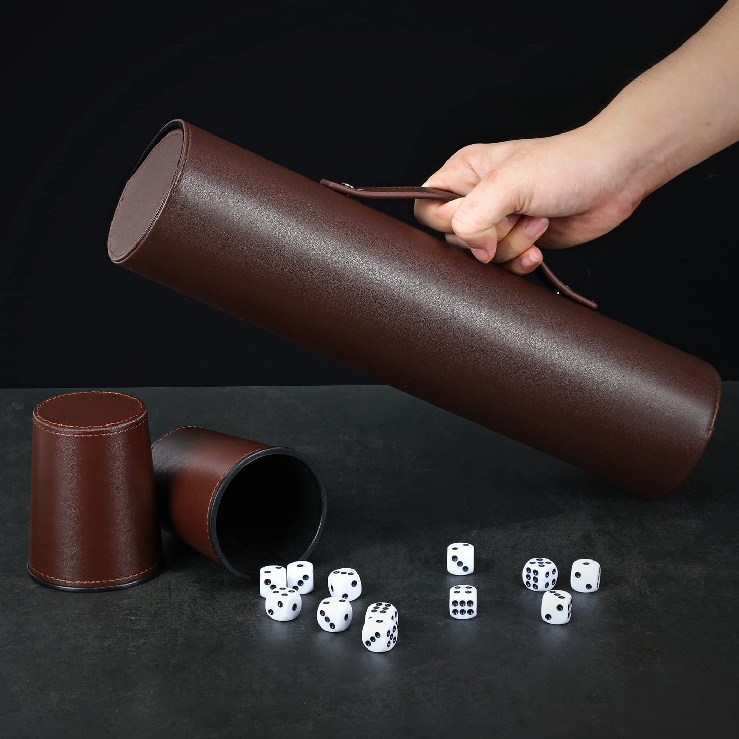 ImnBest Party Games Leather Dice Cup Set – 5 Black PU Leather Cups, 25 Dice & Exclusive Storage Case