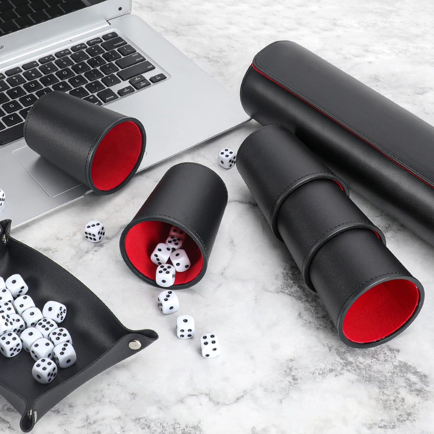 ImnBest Party Games Leather Dice Cup Set — 5 Dice Cups, 25 Dice, Folding Tray & Exclusive Case