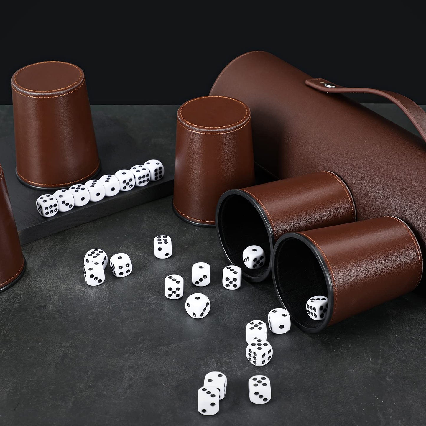 ImnBest Party Games Leather Dice Cup Set – 5 Black PU Leather Cups, 25 Dice & Exclusive Storage Case