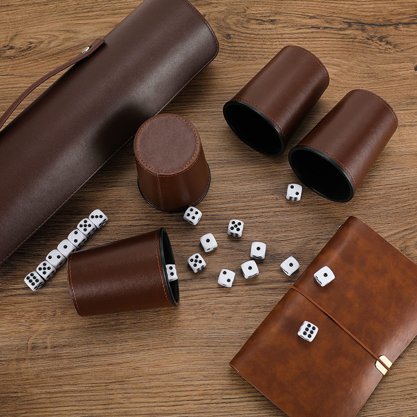 ImnBest Party Games Leather Dice Cup Set – 5 Black PU Leather Cups, 25 Dice & Exclusive Storage Case