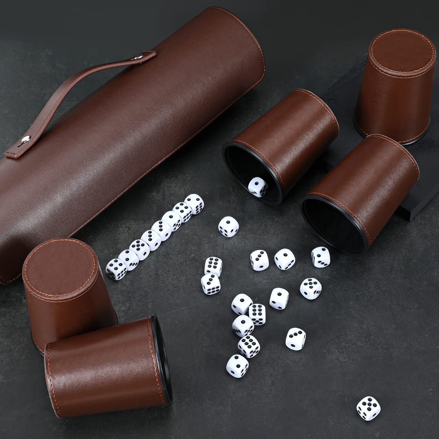 ImnBest Party Games Leather Dice Cup Set – 5 Black PU Leather Cups, 25 Dice & Exclusive Storage Case