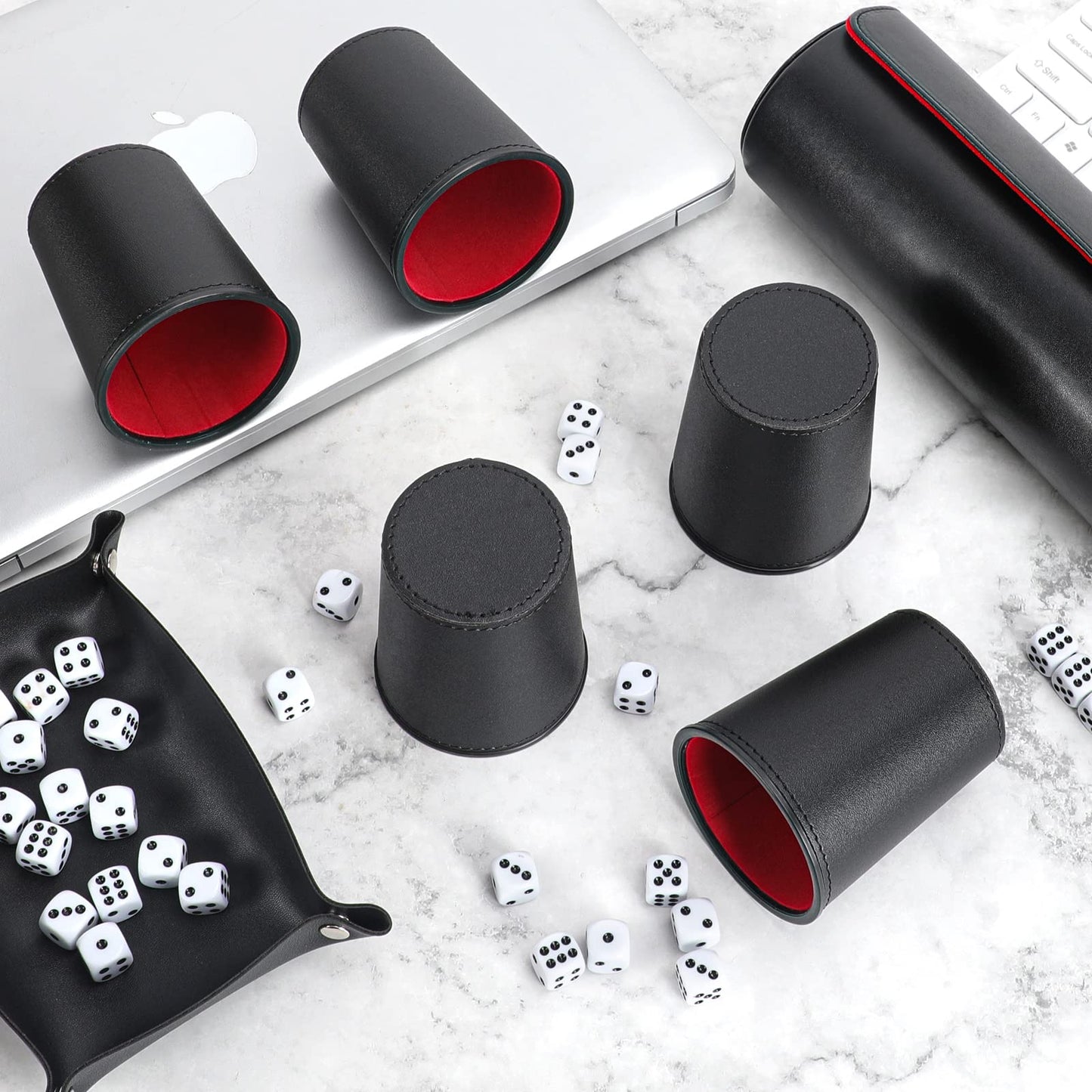 ImnBest Party Games Leather Dice Cup Set — 5 Dice Cups, 25 Dice, Folding Tray & Exclusive Case
