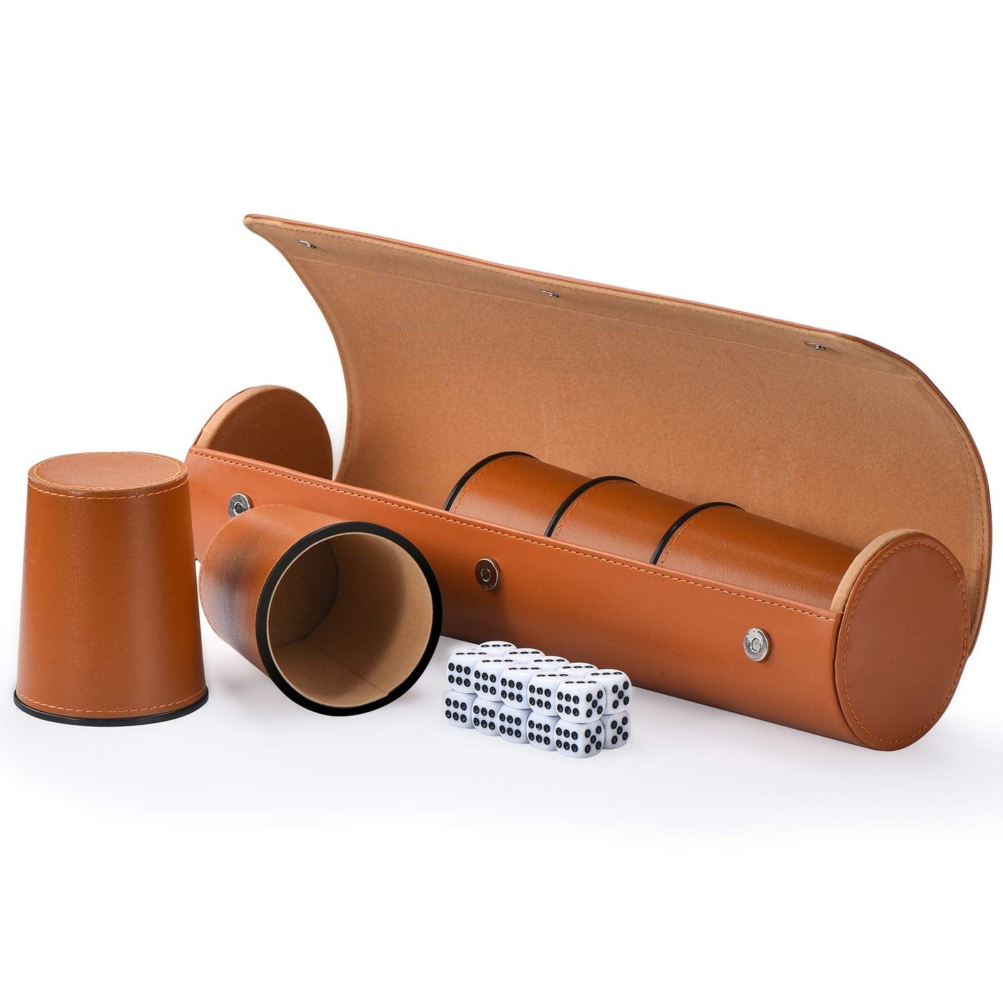 ImnBest Leather Dice Cup Set – 5 Cups, 25 Dice, Faux Leather Case (Orange)
