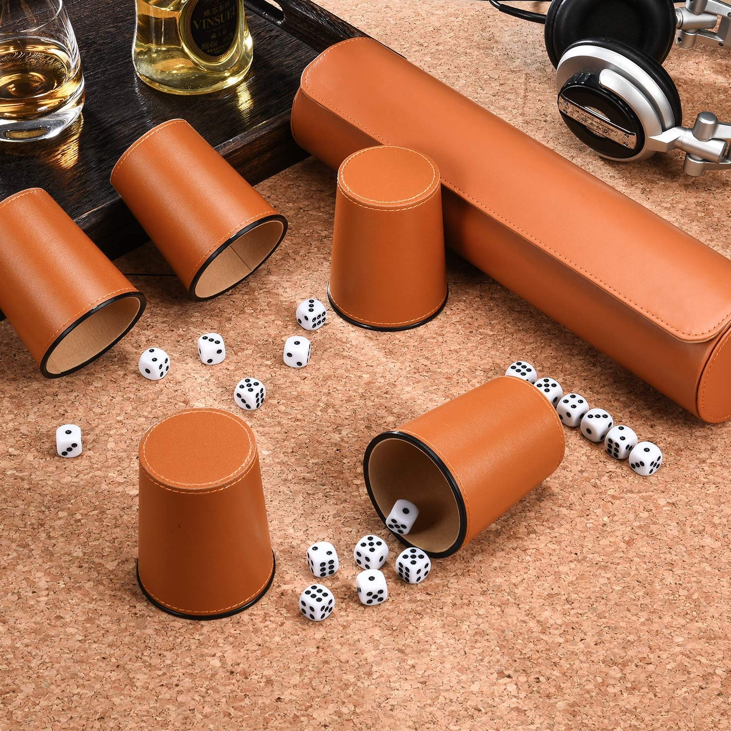 ImnBest Leather Dice Cup Set – 5 Cups, 25 Dice, Faux Leather Case (Orange)