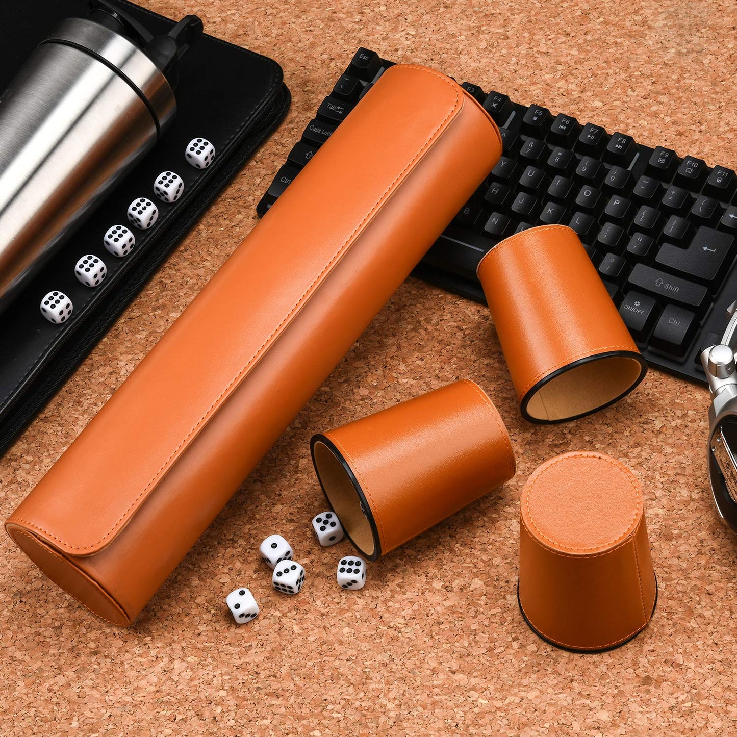 ImnBest Leather Dice Cup Set – 5 Cups, 25 Dice, Faux Leather Case (Orange)