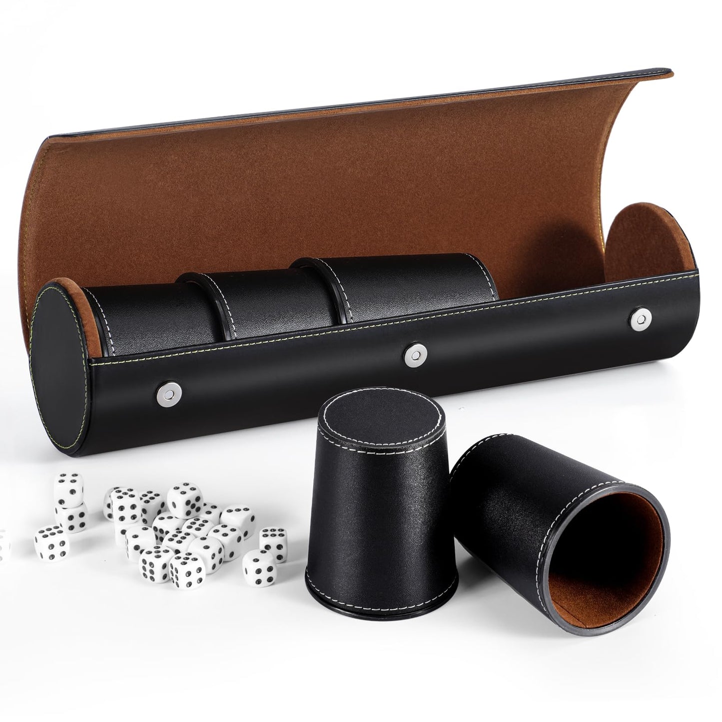 ImnBest Leather Dice Cup Set — 5 Black PU Leather Cups + 25 Dice + Faux Leather Case