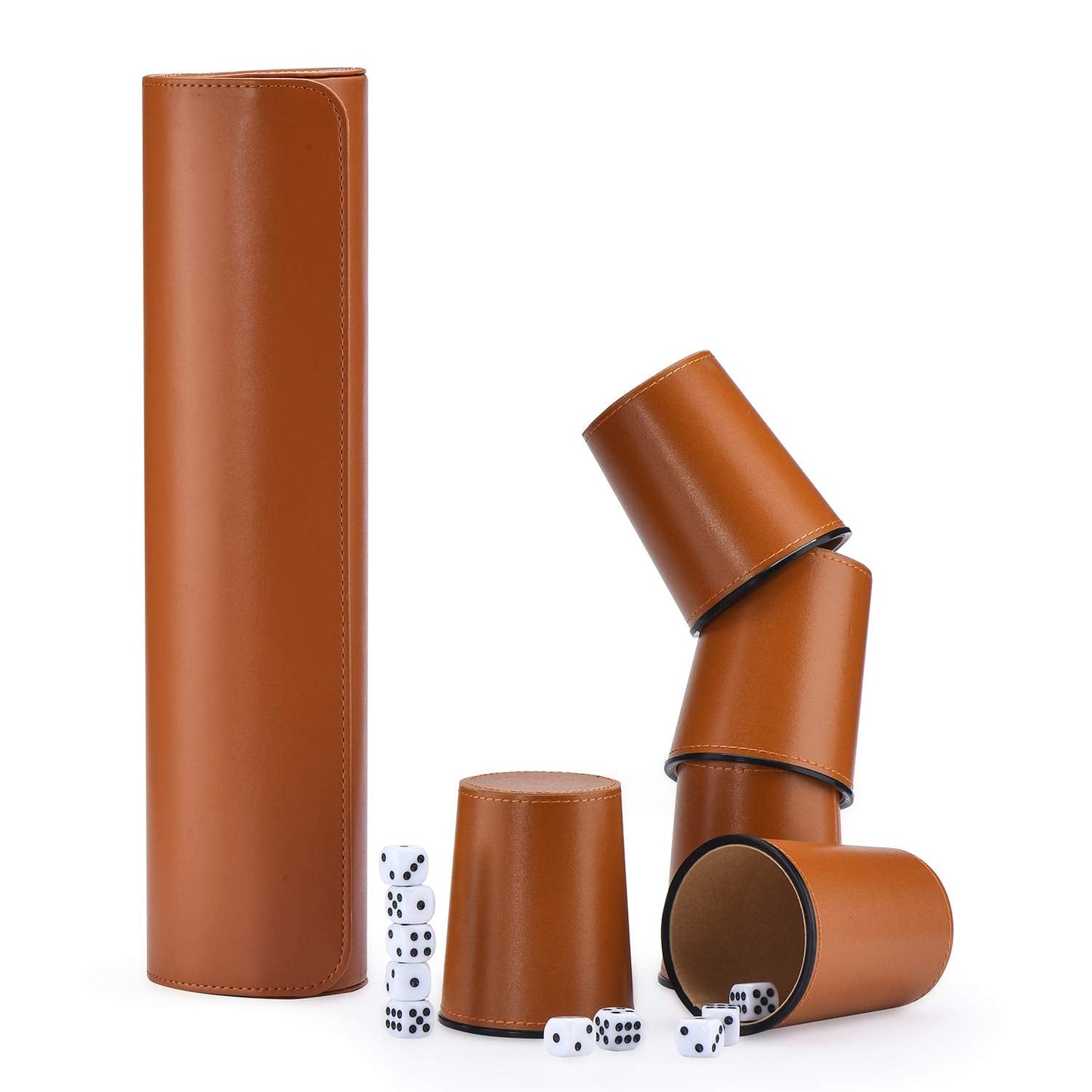 ImnBest Leather Dice Cup Set – 5 Cups, 25 Dice, Faux Leather Case (Orange)