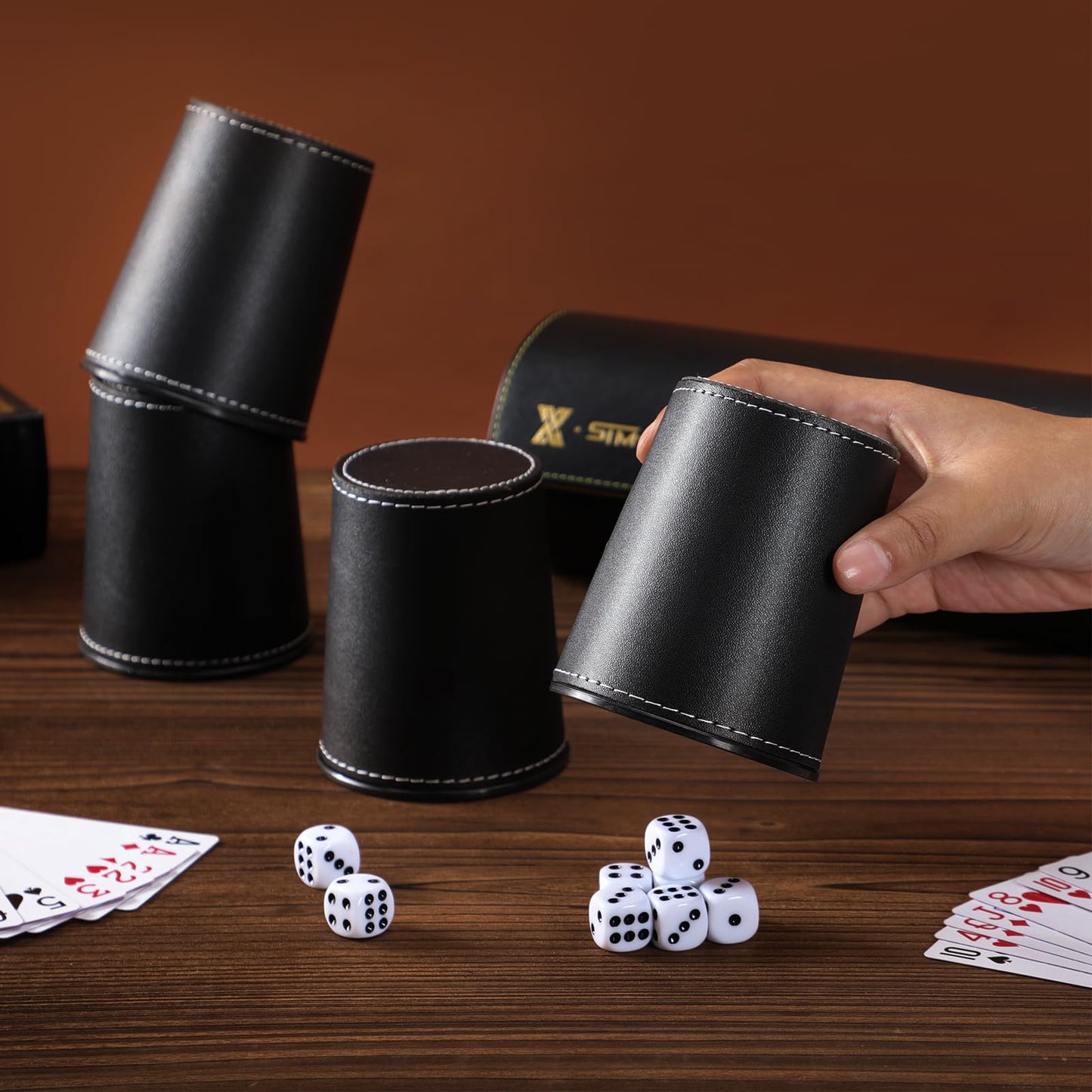 ImnBest Leather Dice Cup Set — 5 Black PU Leather Cups + 25 Dice + Faux Leather Case