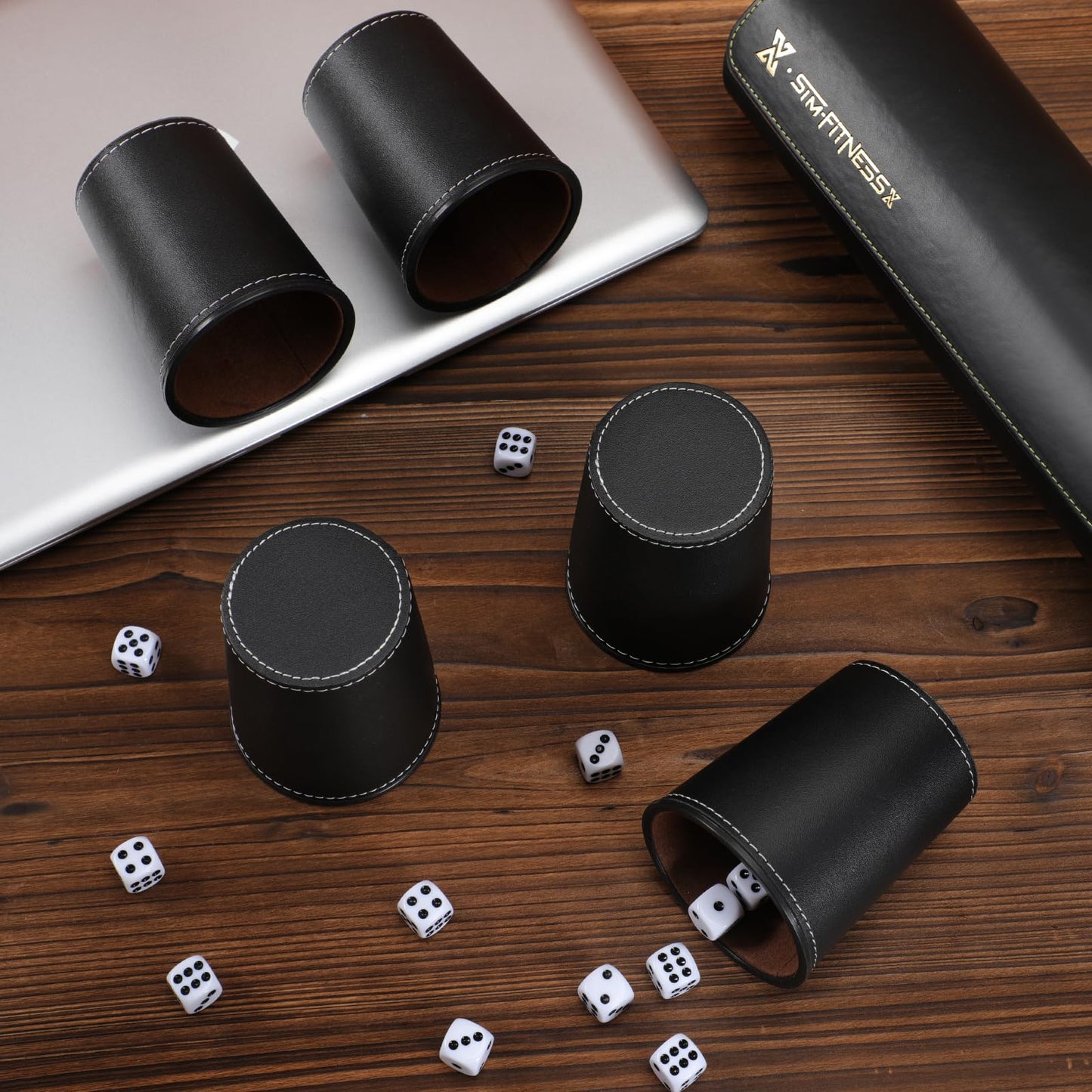 ImnBest Leather Dice Cup Set — 5 Black PU Leather Cups + 25 Dice + Faux Leather Case