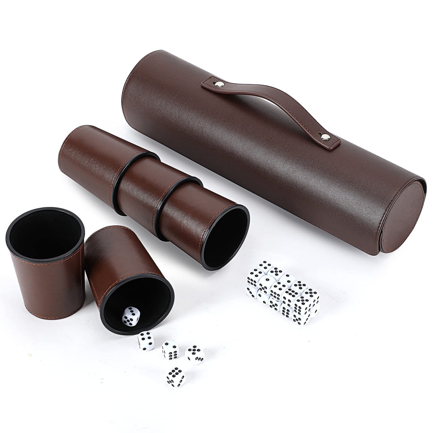 ImnBest Party Games Leather Dice Cup Set – 5 Black PU Leather Cups, 25 Dice & Exclusive Storage Case