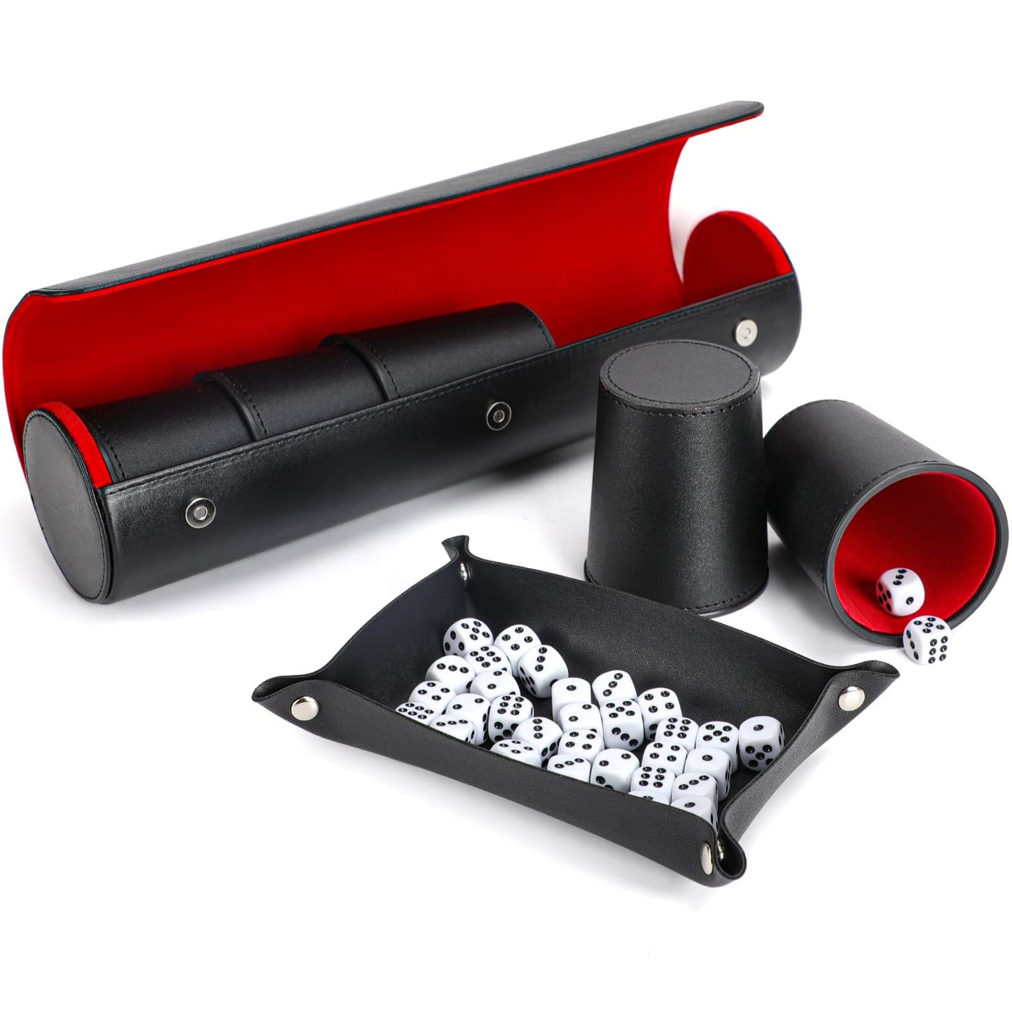 ImnBest Party Games Leather Dice Cup Set — 5 Dice Cups, 25 Dice, Folding Tray & Exclusive Case