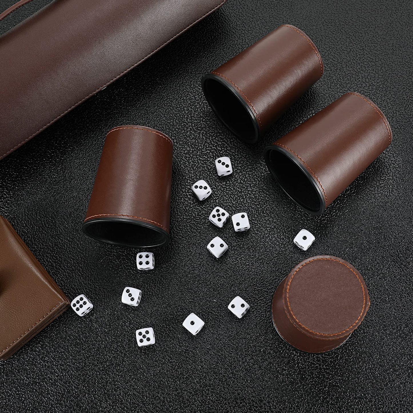 ImnBest Party Games Leather Dice Cup Set – 5 Black PU Leather Cups, 25 Dice & Exclusive Storage Case