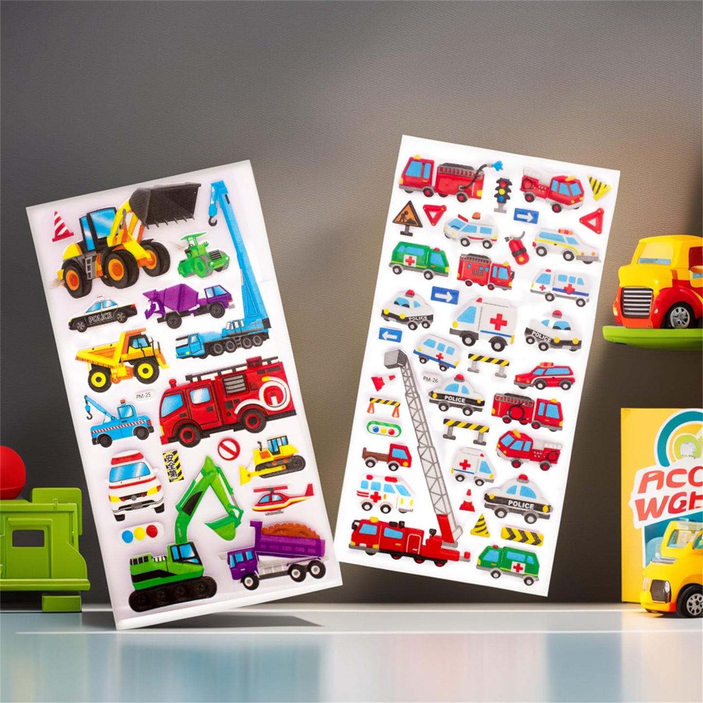 IMNEXT2U 3D Puffy Stickers for Kids – 4 Sheets Vehicle Sticker Pack