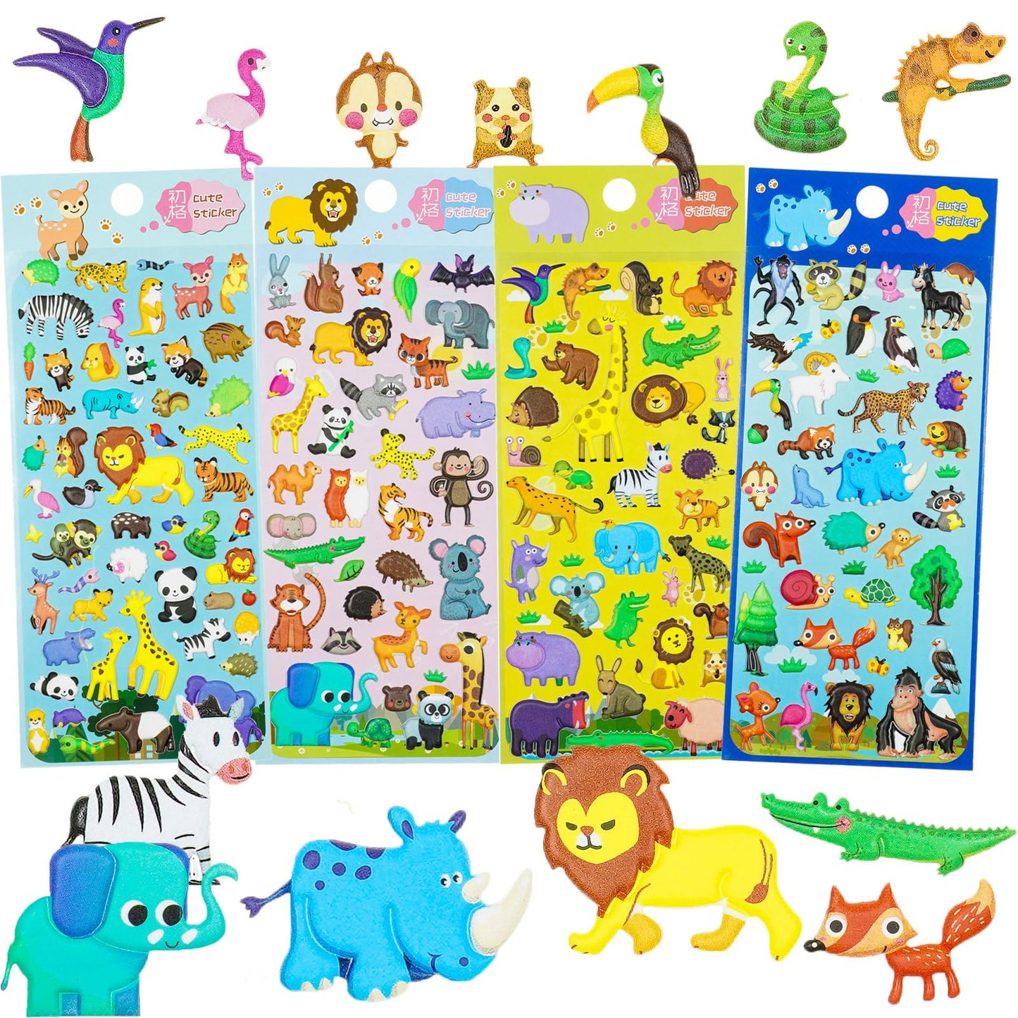 IMNEXT2U 3D Puffy Stickers for Kids – Reusable Foam Sticker Pack, 4 Sheets, 60+ Pieces, Dinosaurs & Animals