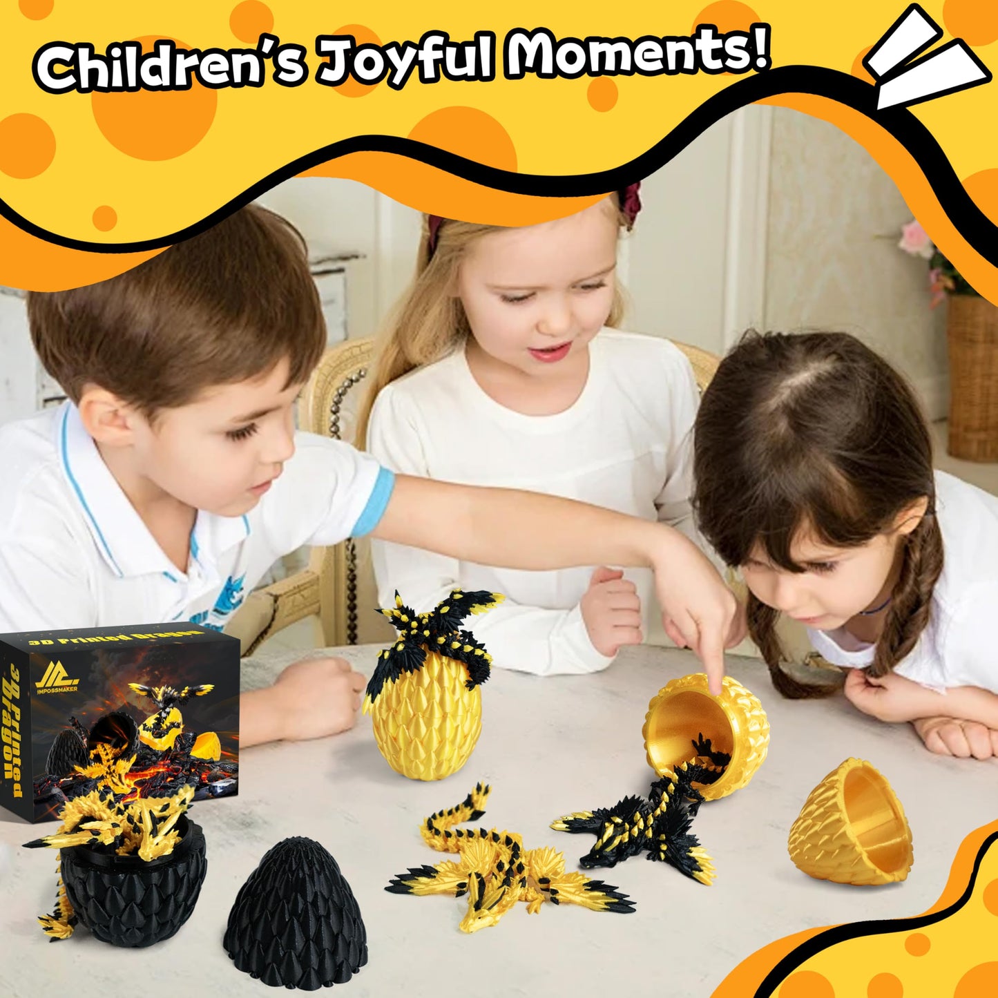 Impossmaker 2PCS Dragon Egg Set – Articulated 3D Printed Dragons (Black & Gold)