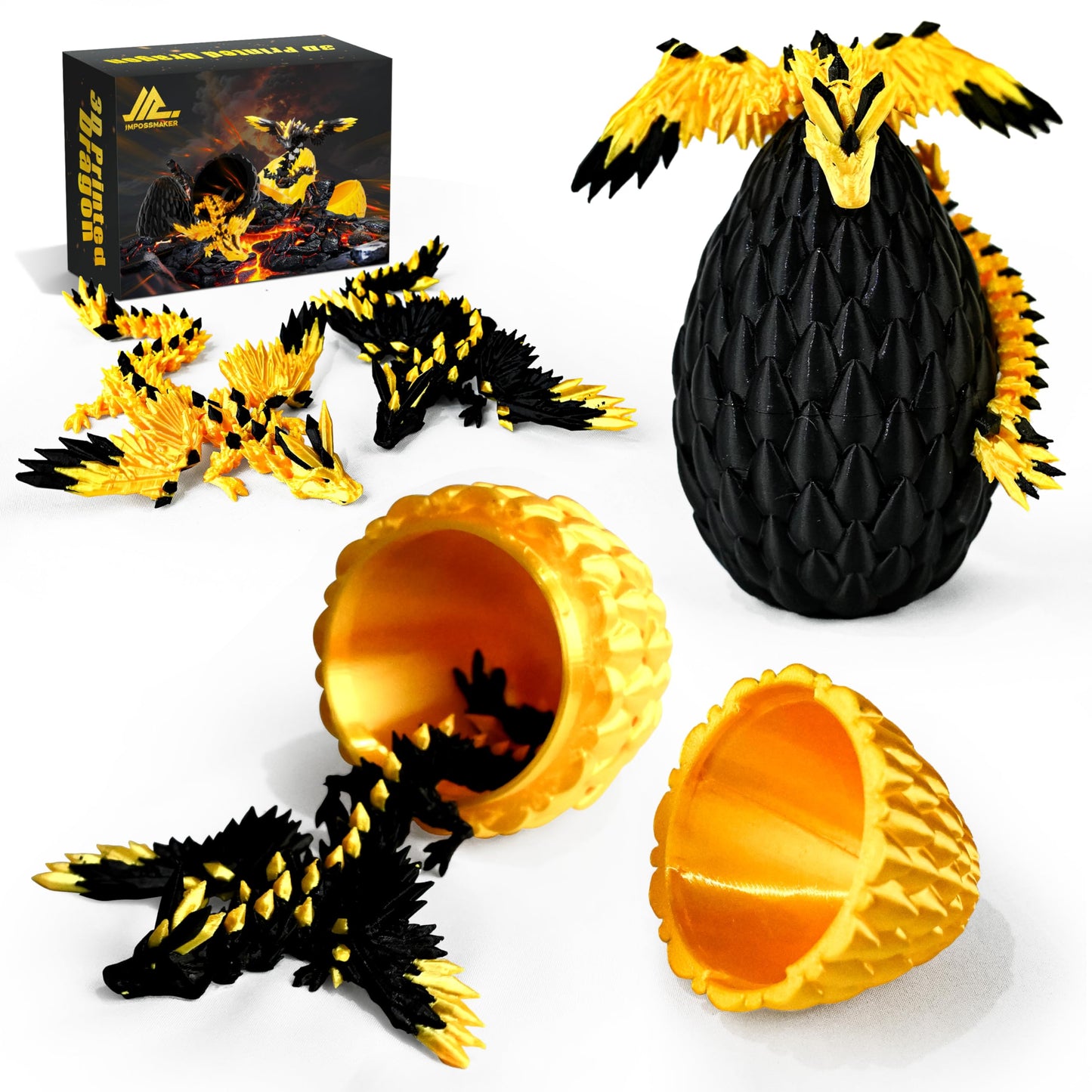 Impossmaker 2PCS Dragon Egg Set – Articulated 3D Printed Dragons (Black & Gold)