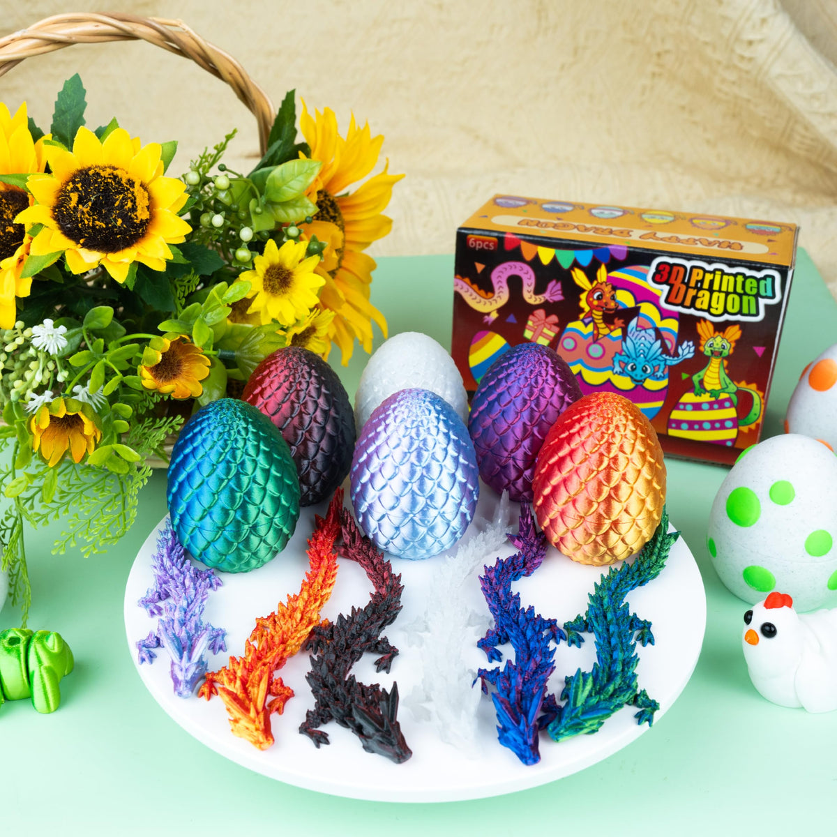 Impossmaker 6-Piece Mini 3D Printed Easter Dragon Egg Set with Inside Dragon | Articulated Crystal Dragon Fidget Toys for Adults & Teens