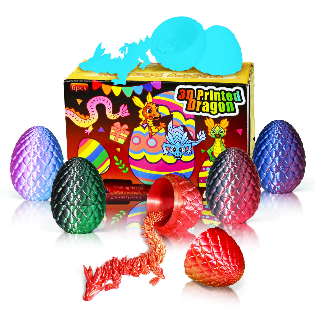 Impossmaker 6-Piece Mini 3D Printed Easter Dragon Egg Set with Inside Dragon | Articulated Crystal Dragon Fidget Toys for Adults & Teens