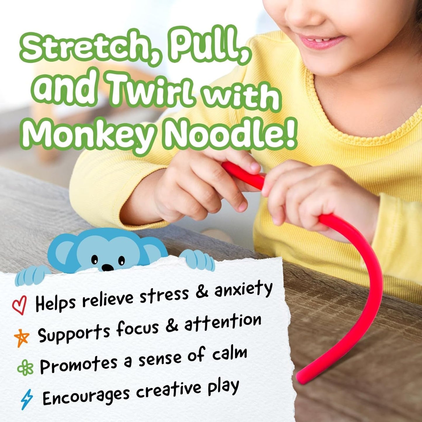 IMPRESA Monkey Noodles Fidget Toys for Focus & Calm – Multicolor 5 Pack (12 x 3 x 0.75 in)
