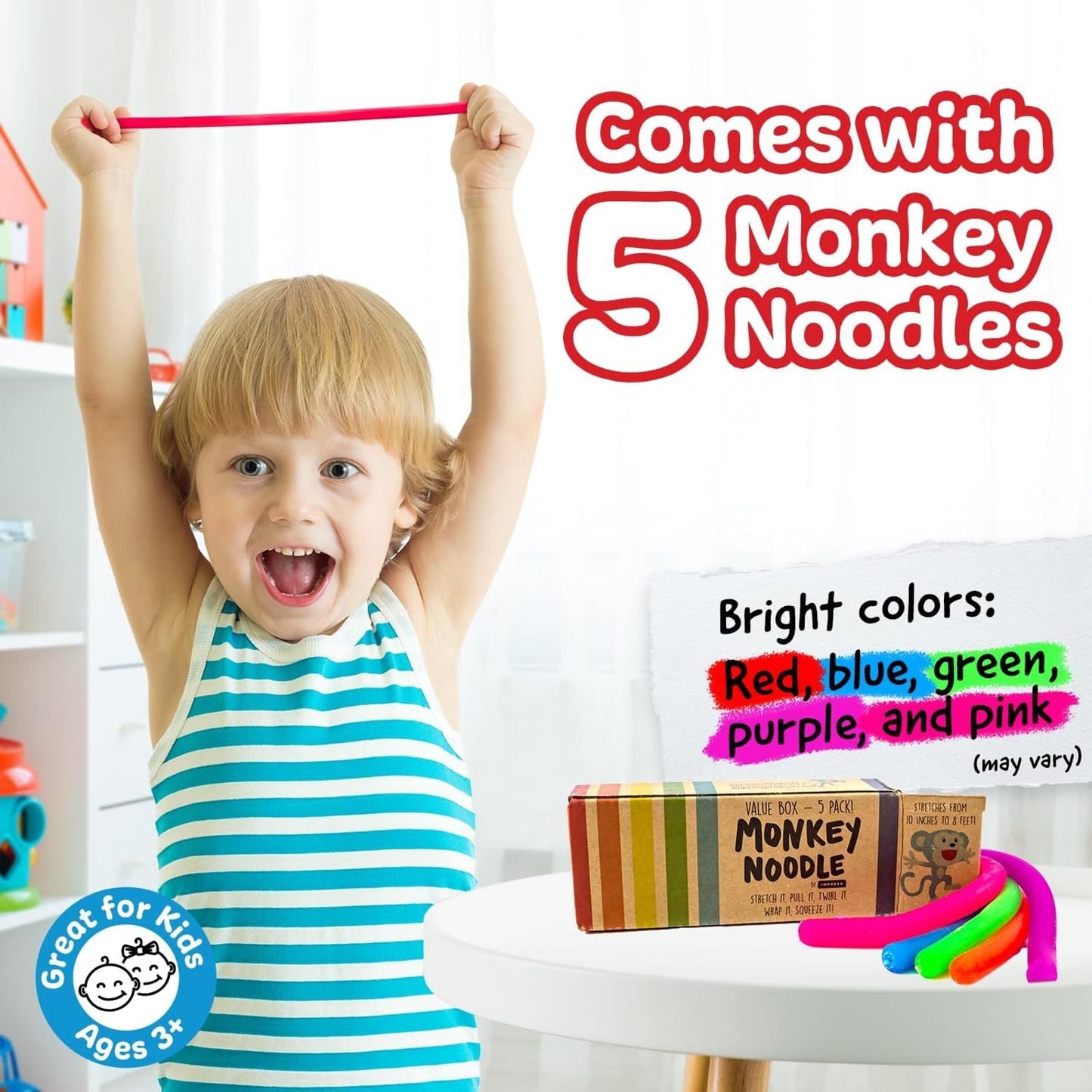 IMPRESA Monkey Noodles Fidget Toys for Focus & Calm – Multicolor 5 Pack (12 x 3 x 0.75 in)