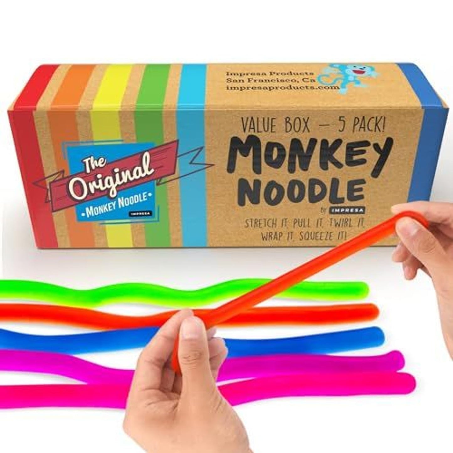 IMPRESA Monkey Noodles Fidget Toys for Focus & Calm – Multicolor 5 Pack (12 x 3 x 0.75 in)