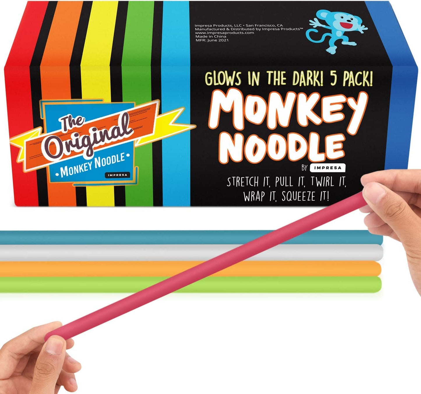 IMPRESA Noodles Toy - Glow-in-The-Dark Stretchy Fidget 5-Pack, Multicolor
