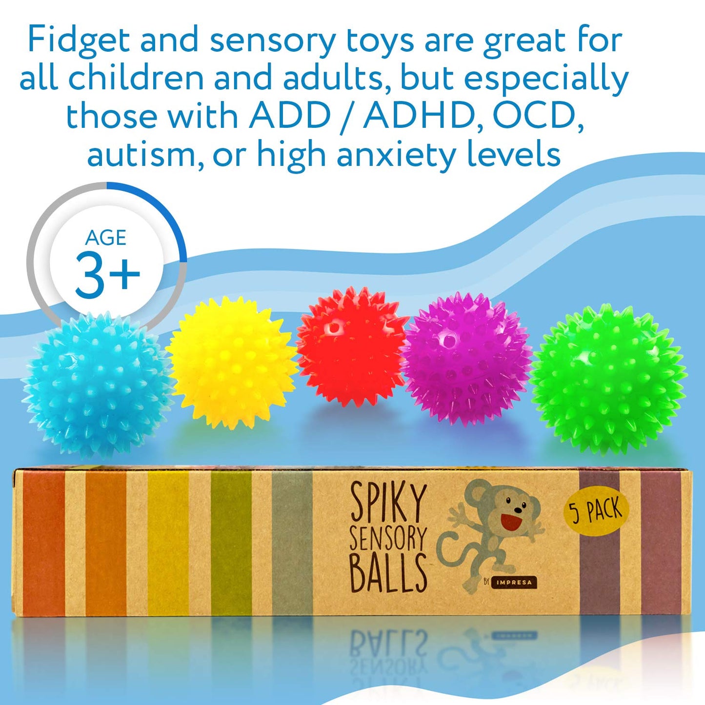 IMPRESA Spiky Balls – 5 Pack Multicolor Fidget Toys for Kids & Adults | Safe, Durable Sensory Tools