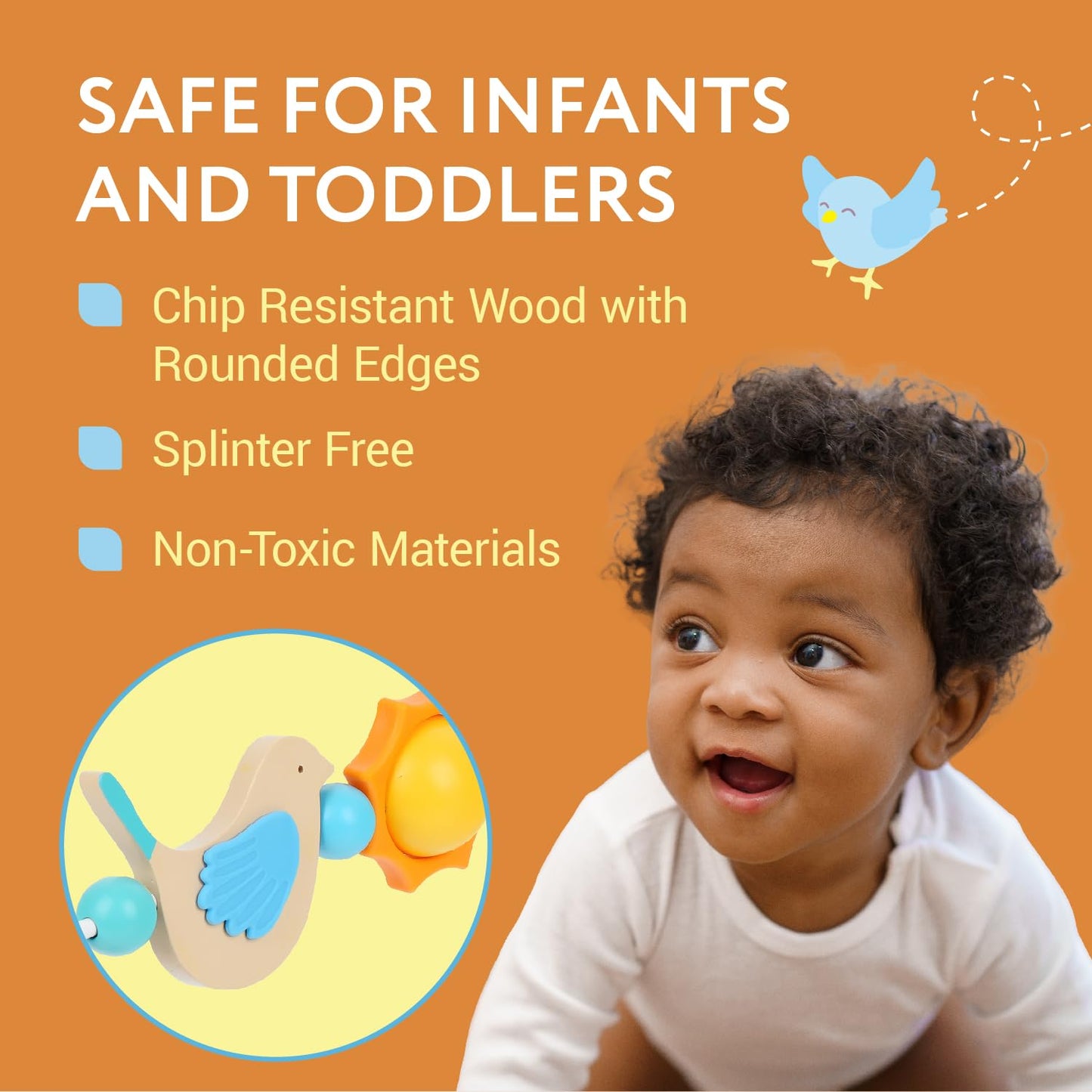 IMPRESA Wooden Toy Bar for BabyBjorn Bouncer - Medium, Splinter-Free Wood with Bird Hand-Eye Play