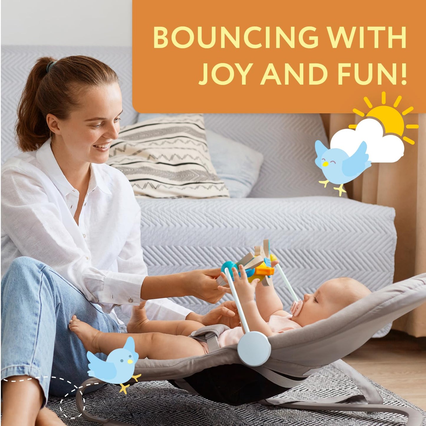 IMPRESA Wooden Toy Bar for BabyBjorn Bouncer - Medium, Splinter-Free Wood with Bird Hand-Eye Play