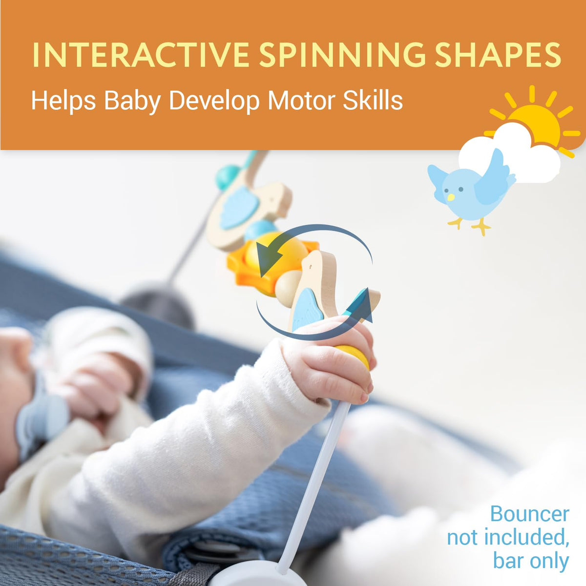 IMPRESA Wooden Toy Bar for BabyBjorn Bouncer - Medium, Splinter-Free Wood with Bird Hand-Eye Play