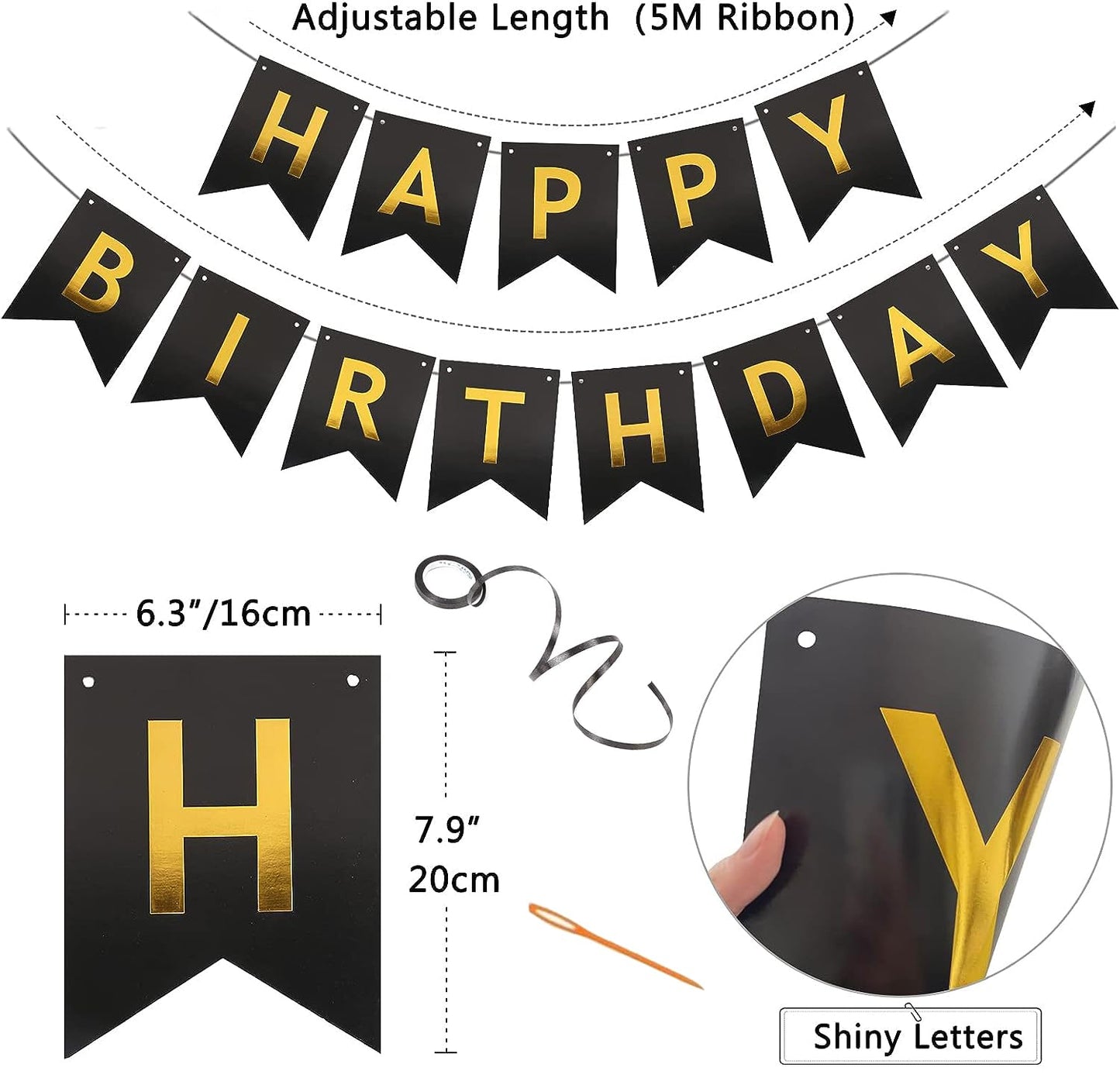 Imtively Happy Birthday Banner - Black and Gold Backdrop Decor for Parties