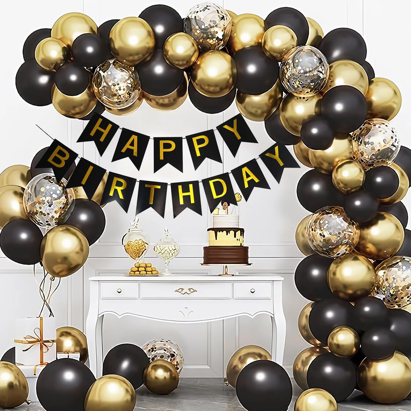 Imtively Happy Birthday Banner - Black and Gold Backdrop Decor for Parties