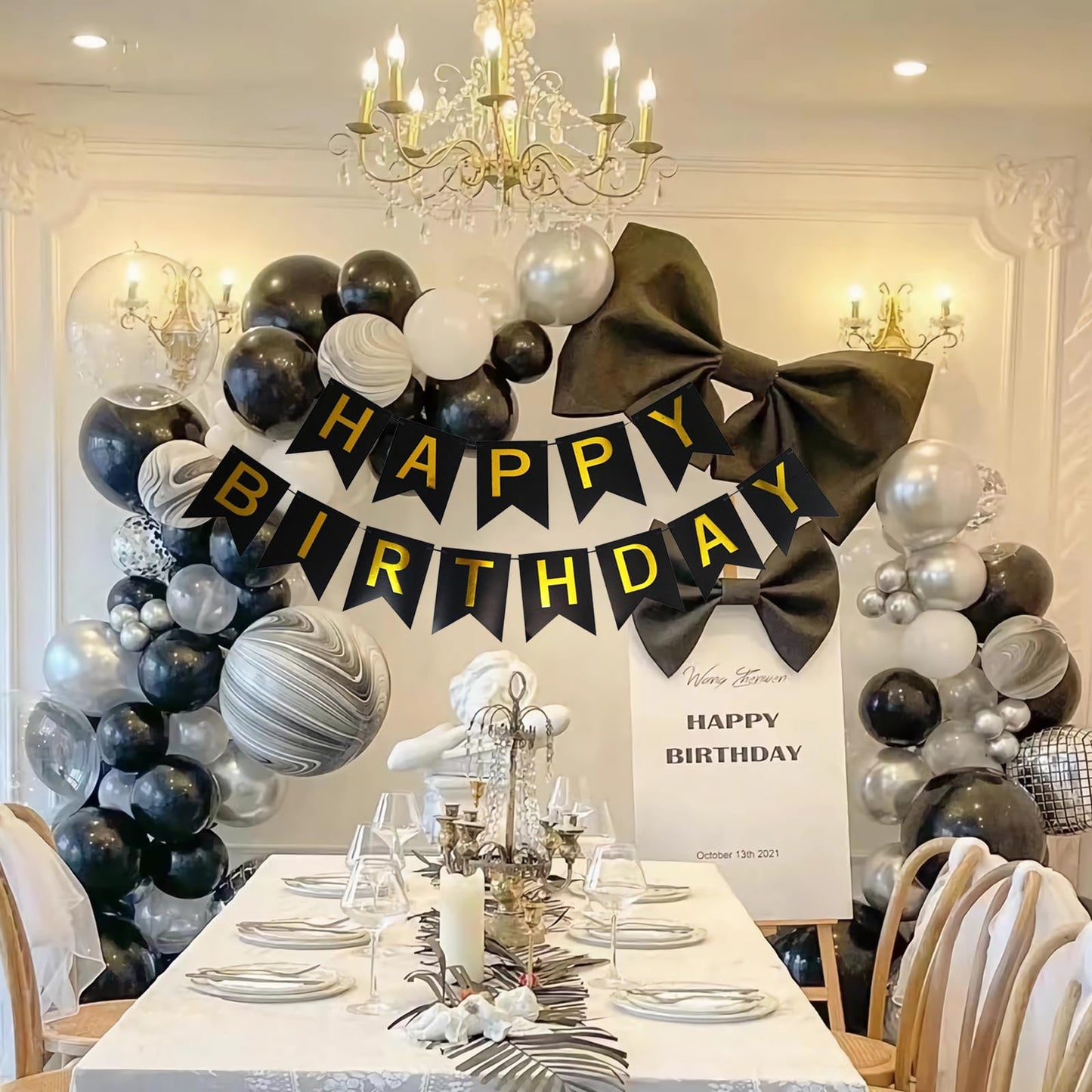 Imtively Happy Birthday Banner - Black and Gold Backdrop Decor for Parties