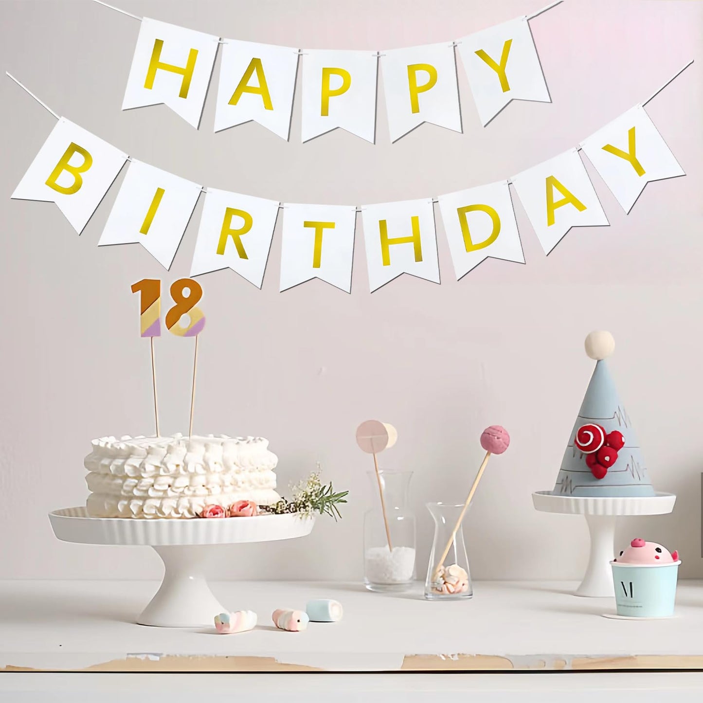 Imtively Happy Birthday Banner – White & Gold Decor, Dovetail Cards, 5m Ribbon, Easy Assembly