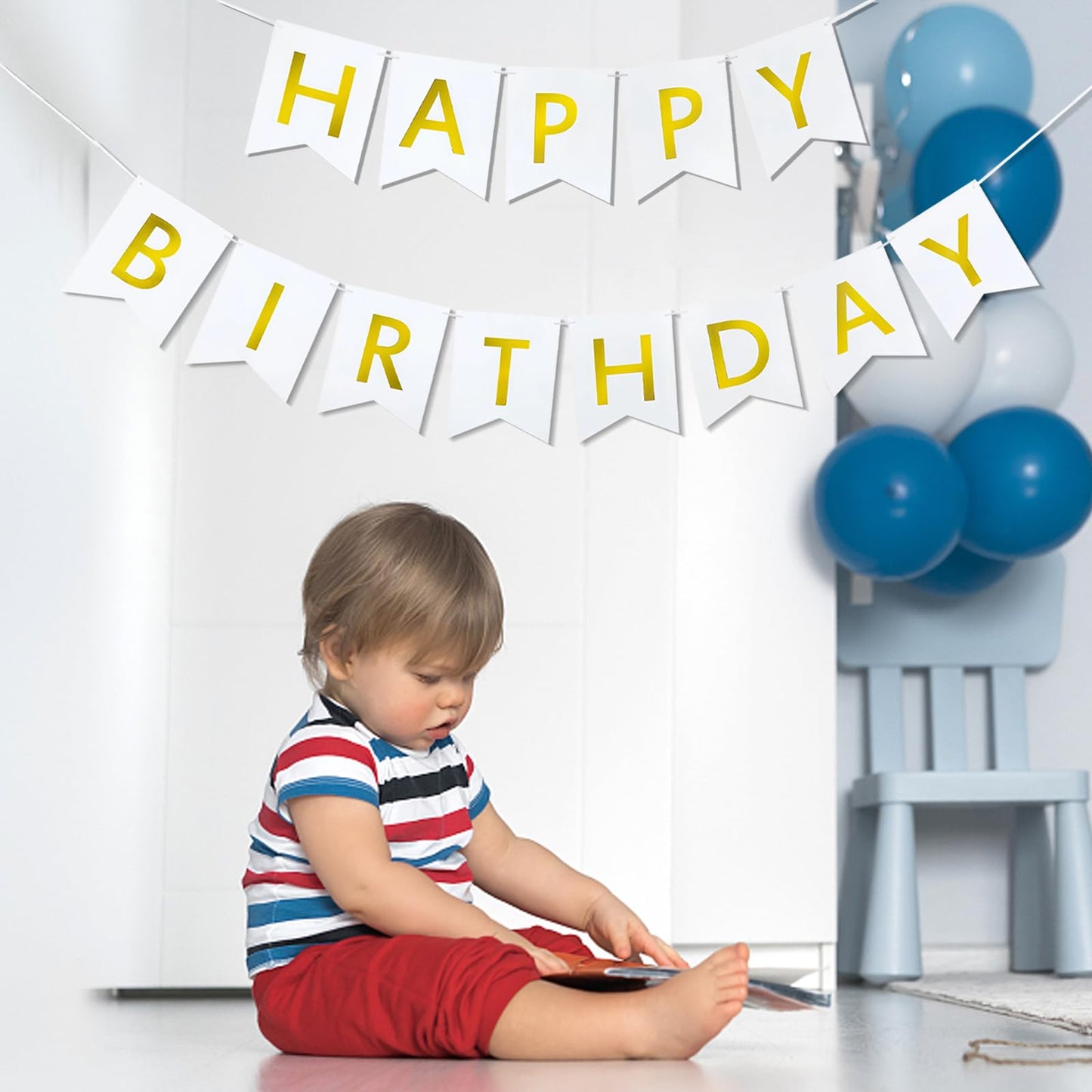 Imtively Happy Birthday Banner – White & Gold Decor, Dovetail Cards, 5m Ribbon, Easy Assembly