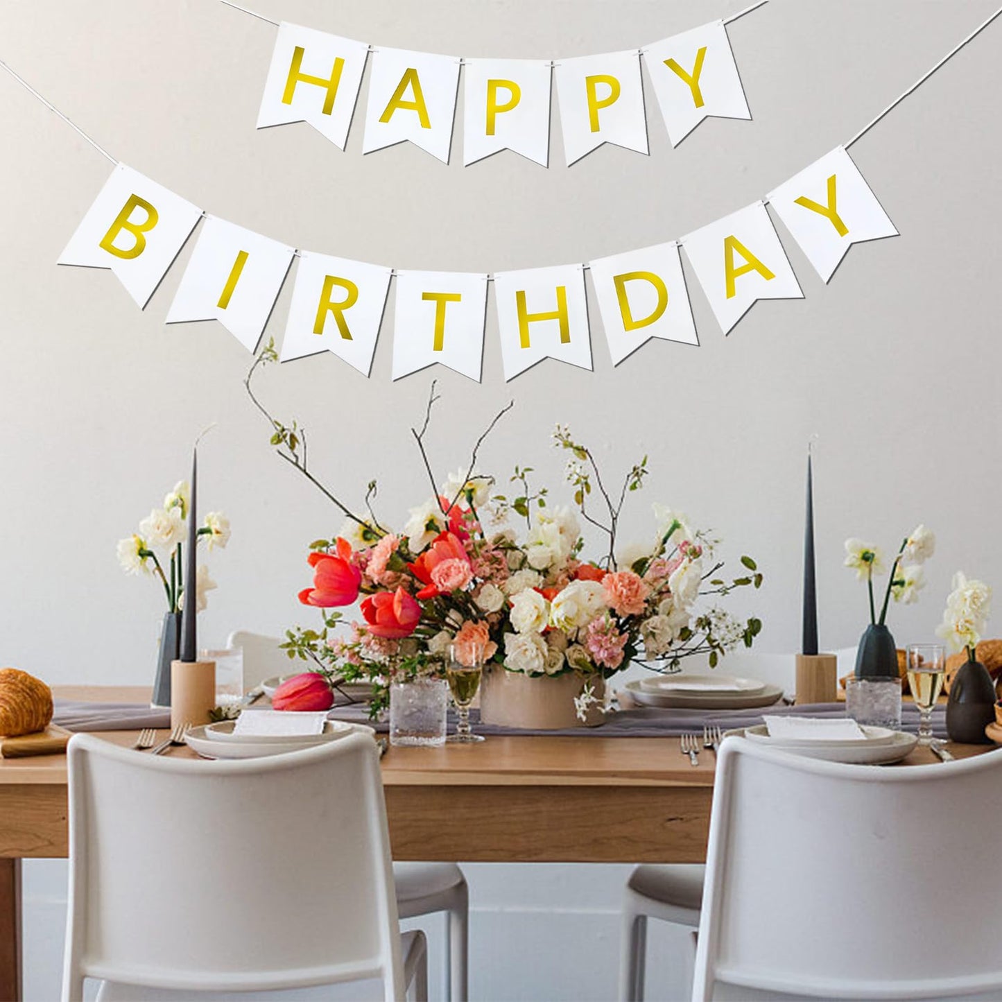 Imtively Happy Birthday Banner – White & Gold Decor, Dovetail Cards, 5m Ribbon, Easy Assembly